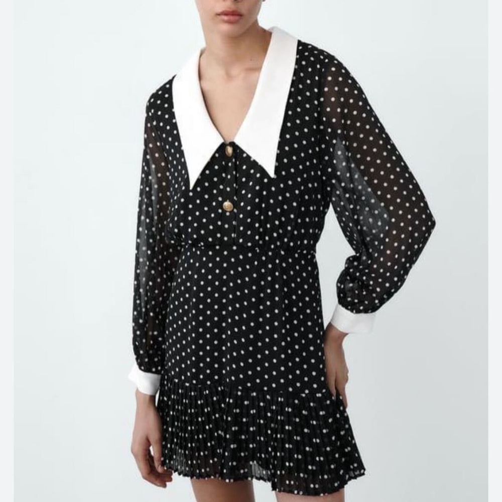 Zara Black Polka Dot Mini Dress with White Collar